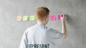 Professionnel devant un mur de notes lors d’un atelier de conduite du changement