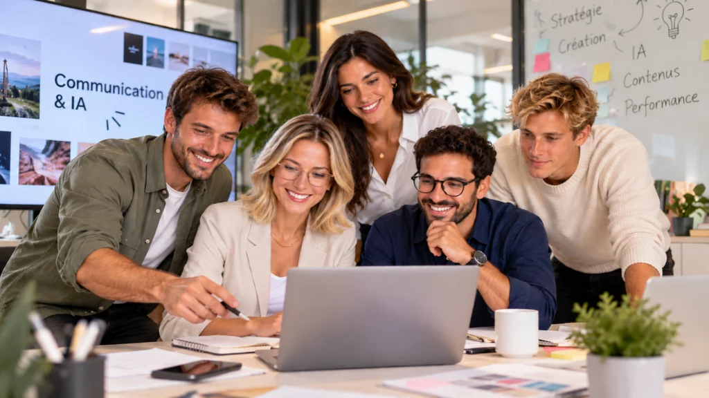Équipe digitale travaillant sur des ordinateurs autour d’une table